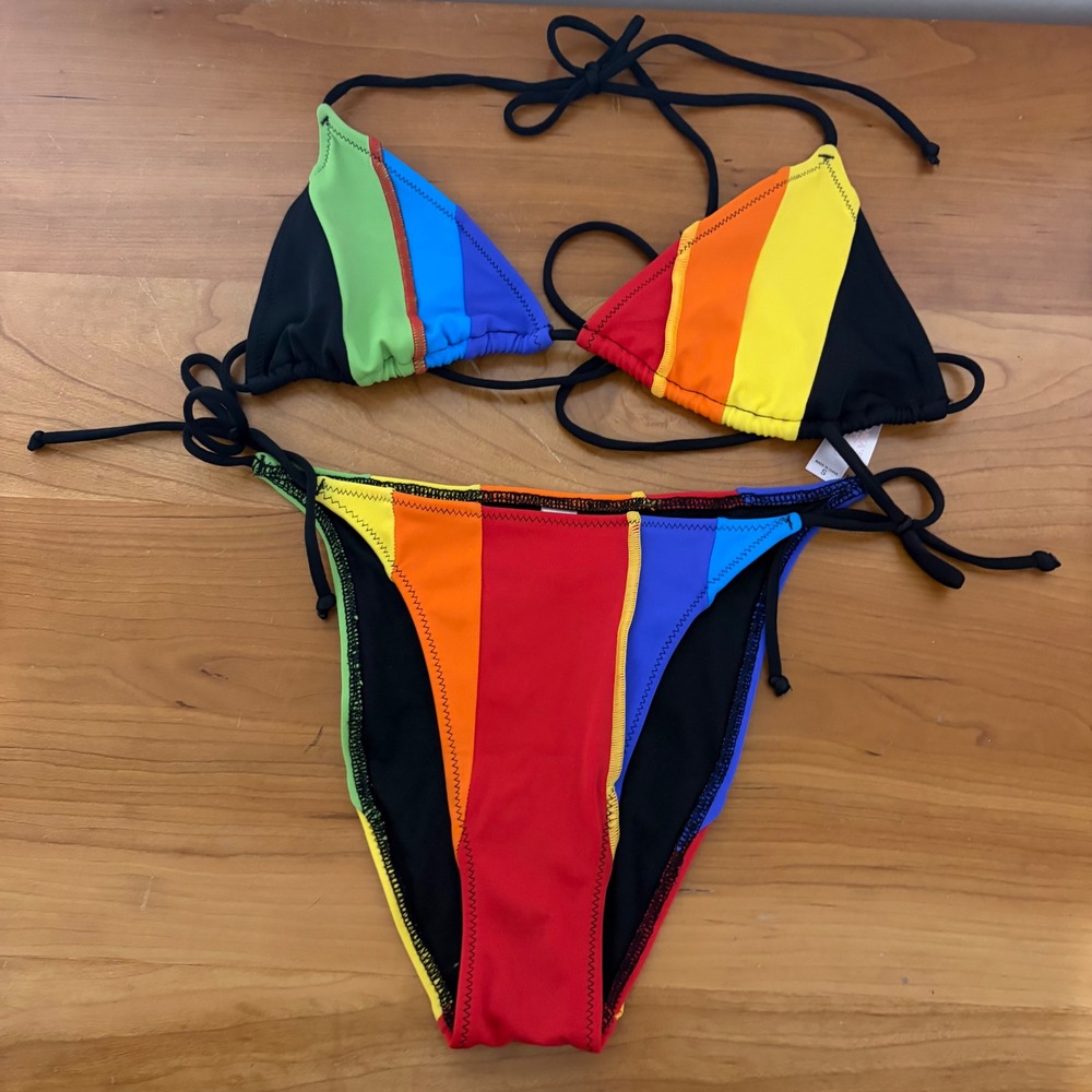Victorias Secret Rainbow Colorblock Triangle Bikini Set Small High Leg String